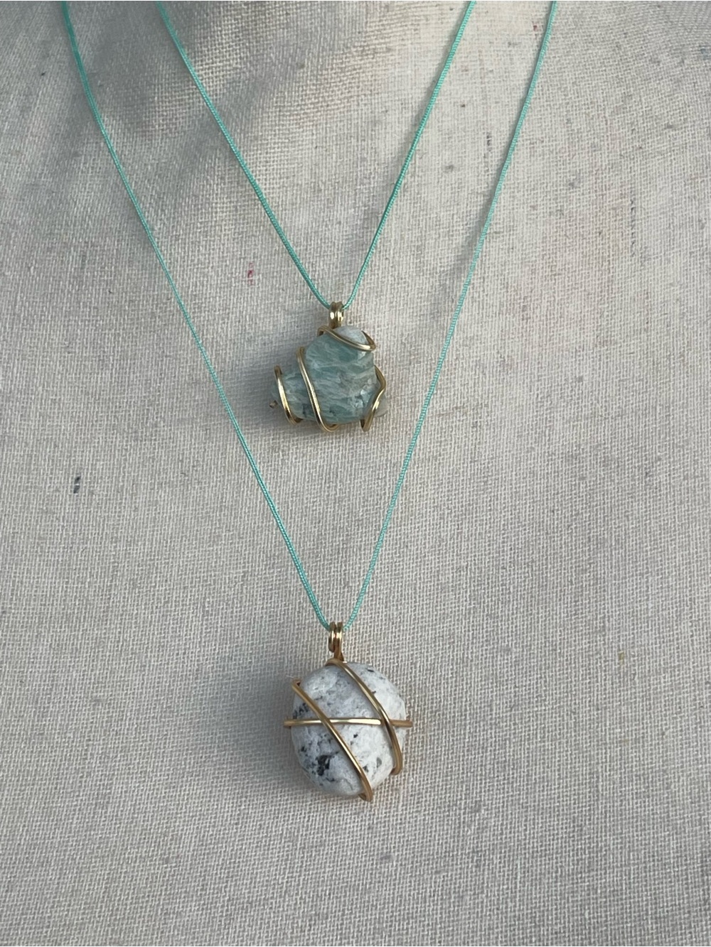 Amazonite & Granite Necklace Set Gold Wire Wrap on Aqua Nylon Cord